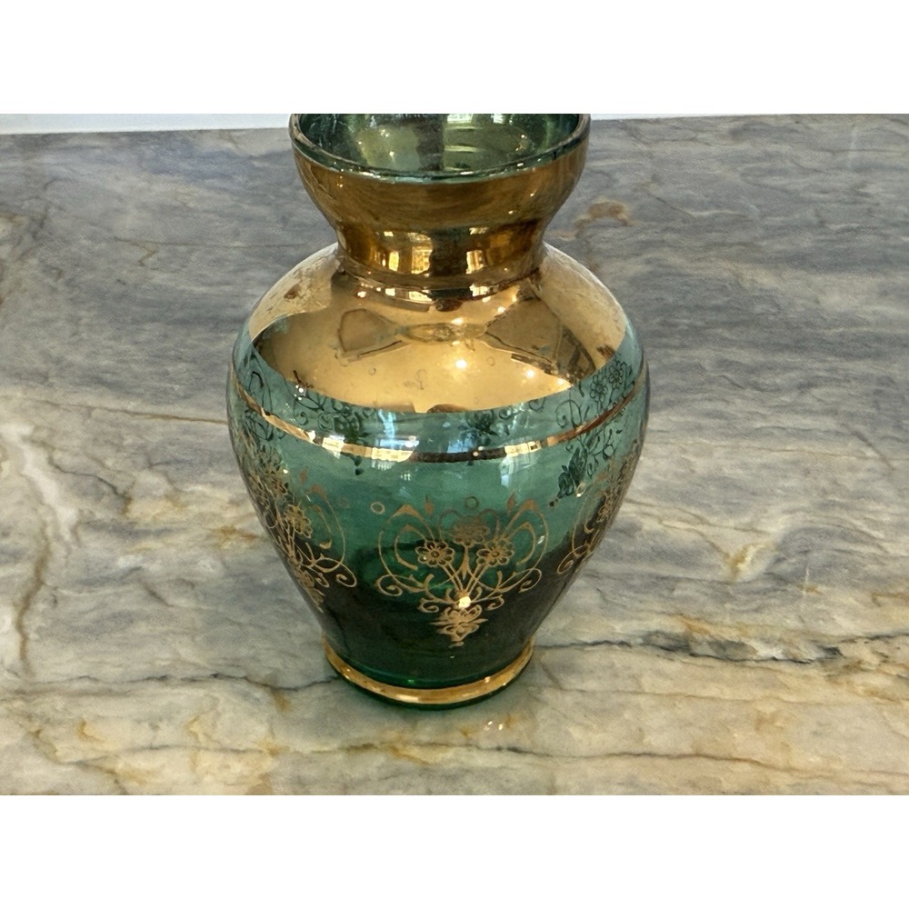 Vintage Vecchia Murano Emerald Green Art Glass Bud Vase 24K Gold Trim Italy 5"